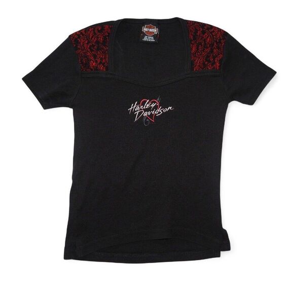 Harley Davidson Tops - Harley Davidson Vintage Y2K Square Neck Lace Detail Top Black / Red Women's S